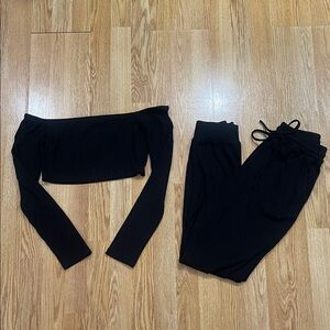 Black Ribbed Two-Piece Lounge Set - Long Sleeve Crop Top & Joggers
